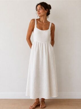 DISSH White Maxi Dress 100% Linen Empire Waist Babydoll Sundress US 6